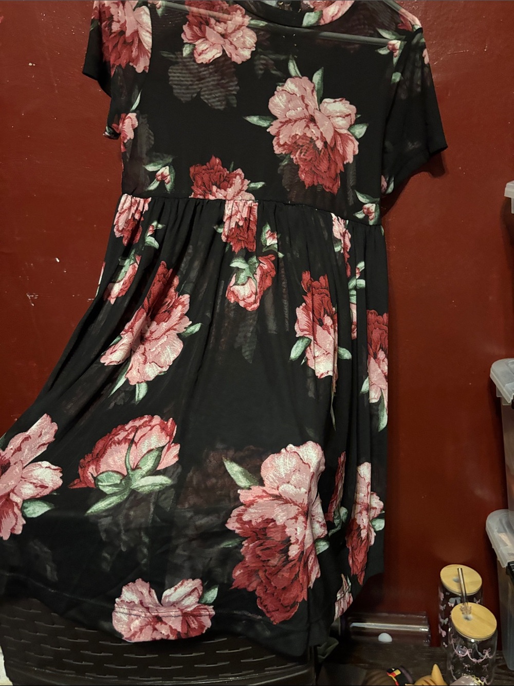 Black Floral Short Sleeve Babydoll Dress - Pink Rose Print